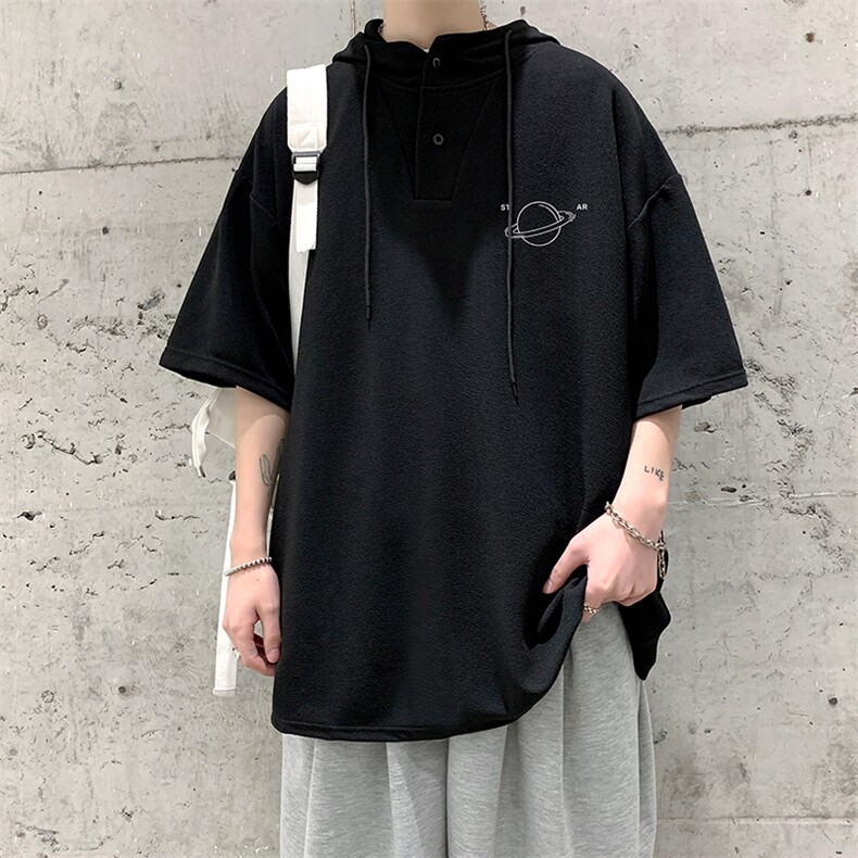 LD54238-P45连帽短袖t恤男大码胖子带帽五分袖中袖,男装T恤,电商A040