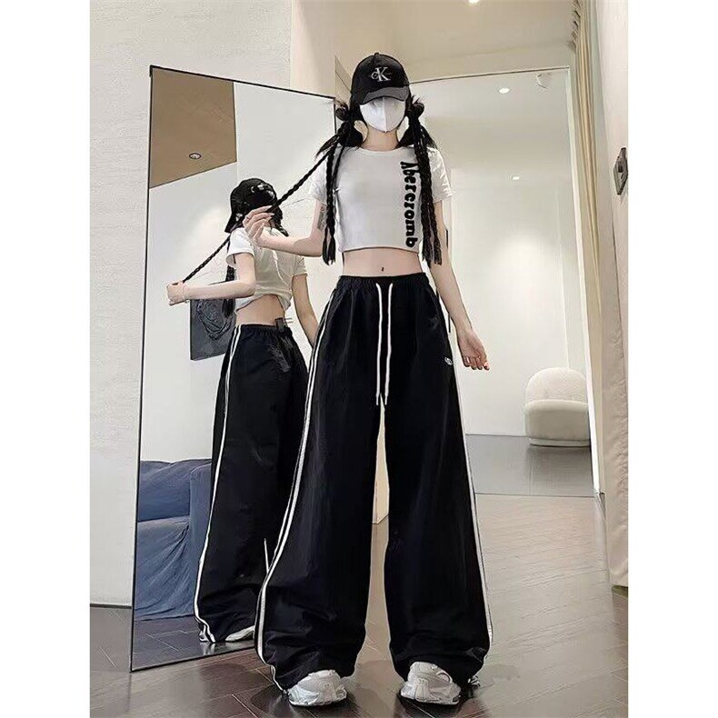 藏青色条纹爵士舞阔腿裤女夏季杠条束脚休闲拖地长裤K6280-P39,男装休闲裤,星座412-3