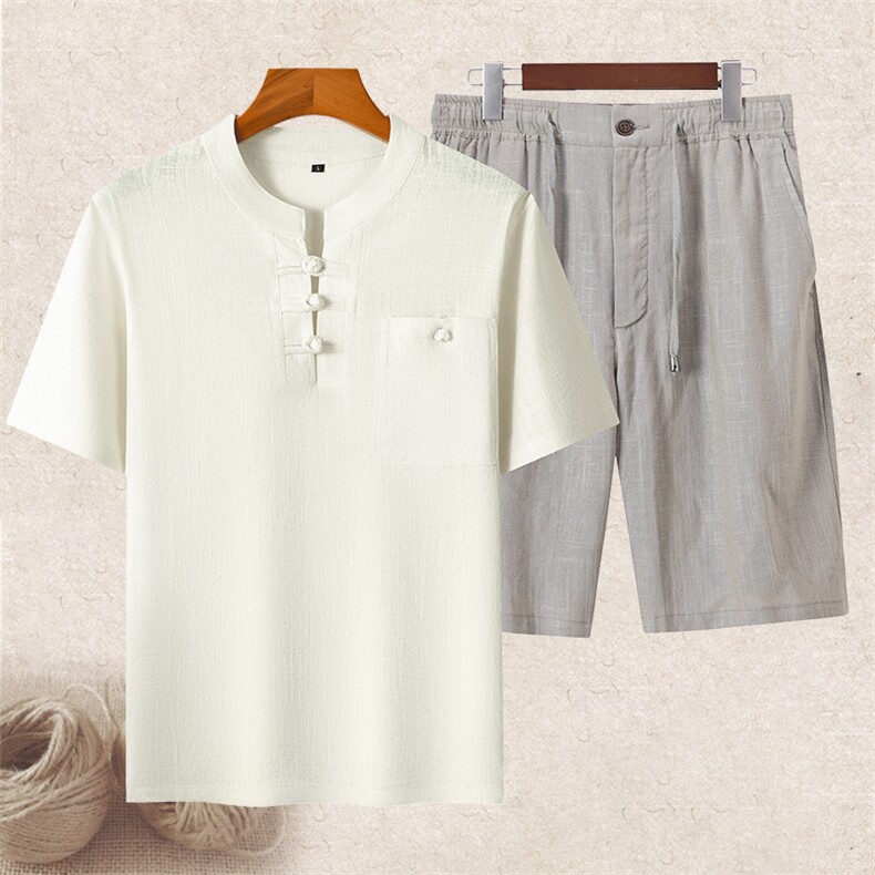 主推夏装男风唐装亚麻短袖套装中老年爸爸装亚麻盘扣T恤，男装T恤，钱塘723