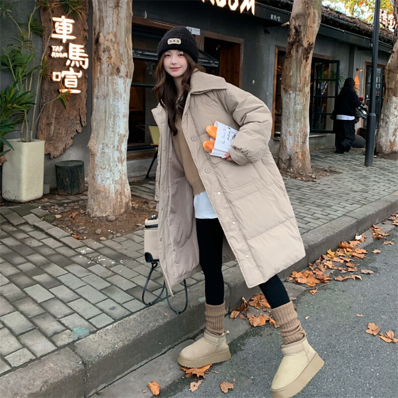 米白色松弛感针织拼接翻领长款羽绒服女2025冬季新款加厚保暖外套,女装羽绒服,2C159