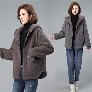 羊羔绒外套女短款秋冬百搭加绒加厚2024年新款两面穿格纹冬装夹克图片