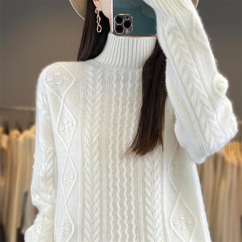 100%纯羊毛衫女半高领菱形绞花加厚长袖毛衣宽松慵懒羊绒针织打底，女装羊毛衫，鸿陌羊绒