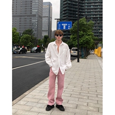 潮牌时尚冰莓粉宽松直筒水洗牛仔裤X1002-1-NZ2413-现货，男装牛仔裤，星座1002-1