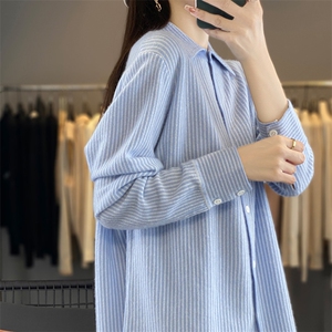 时尚百搭女士条纹衬衫 安迪绒简约休闲长袖上衣 高品质舒适面料图片