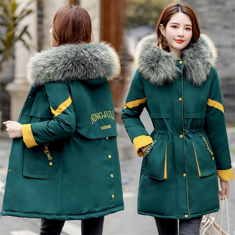 2024冬季新款字母刺绣拼接大毛领拼羽绒棉棉衣备双十一，女装派克服，凝聚力