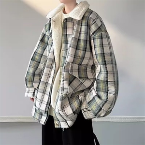 羊羔毛绒棉衣外套男潮牌宽松百搭秋冬加厚小香风格子情侣棉服图片