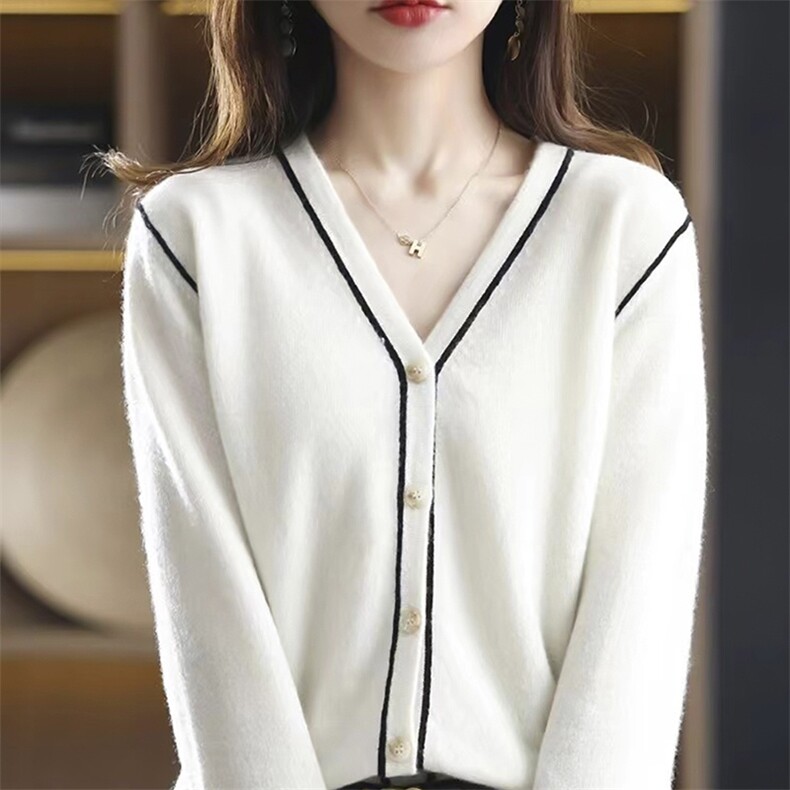 时尚百搭V领单排扣羊毛开衫显瘦修身秋季女装外套,女装羊毛衫,亿东羊绒