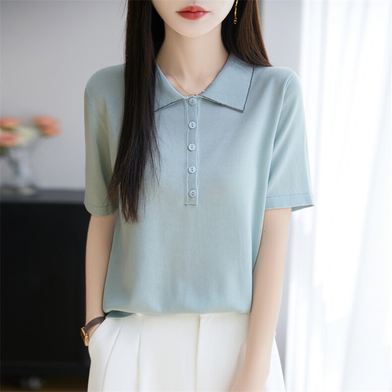 高级感莱赛尔针织polo翻领T恤女2025夏轻薄透气减龄短袖镶钻t恤衫,女装T恤,昭美羊绒