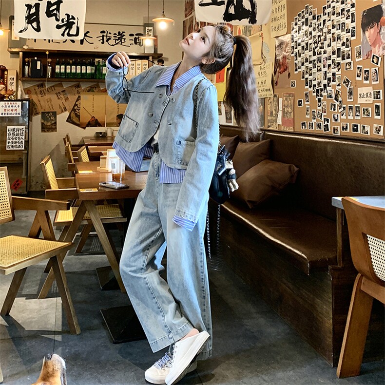 条纹拼接牛仔套装女春秋2025新款流行盐系炸街小众阔腿长款两件套,女装套装/套裙,2C239
