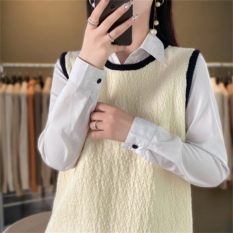 店主！韩系圆领撞色树皮褶针织套头衫女秋休闲叠穿无袖小背心,女装马甲,暖姿羊绒