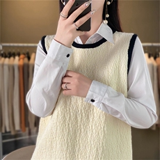 店主！韩系圆领撞色树皮褶针织套头衫女秋休闲叠穿无袖小背心，女装马甲，暖姿羊绒