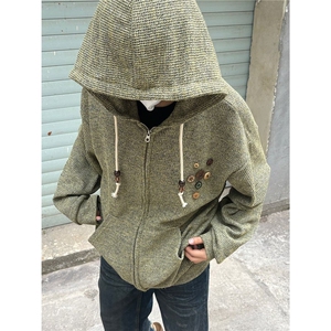 美式复古木质纽扣设计感针织连帽外套男女小众早秋慵懒风开衫卫衣图片