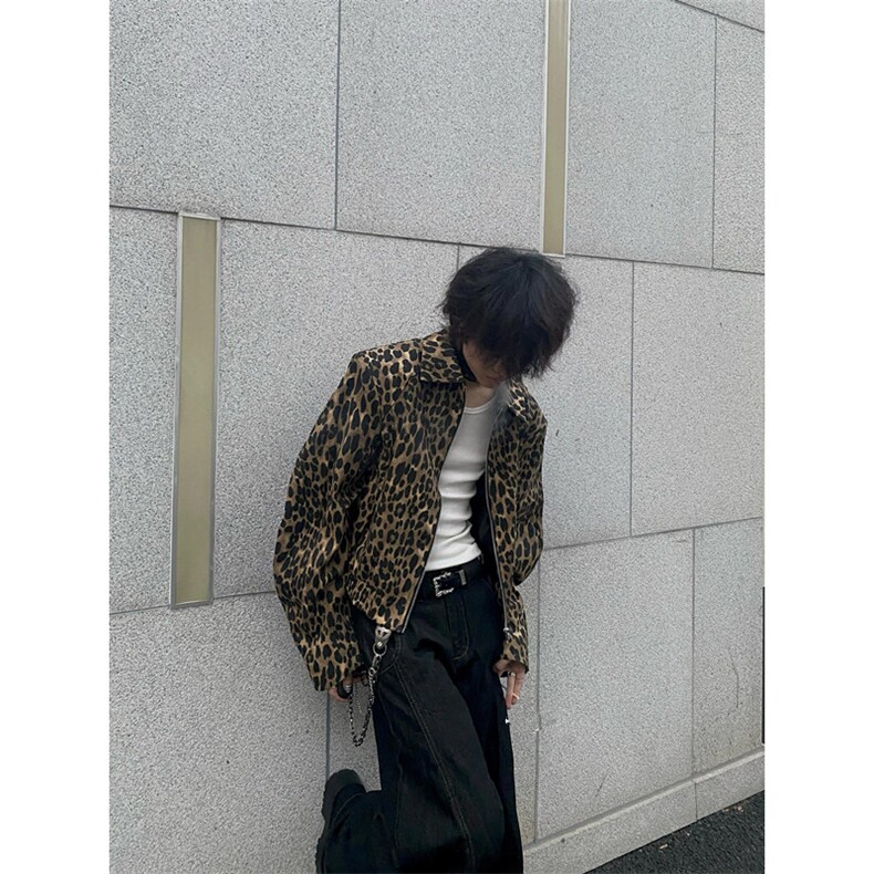 欧美风豹纹水洗牛仔外套男翻领设计感短款宽松复古夹克JK8218,男装夹克,星座1116A（原606A-3）