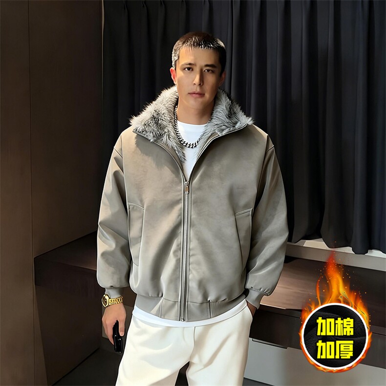 现货高品质美式高街重磅座山雕毛毛领pu皮棉衣男女加厚棉服冬外套，男装皮衣，电商A443