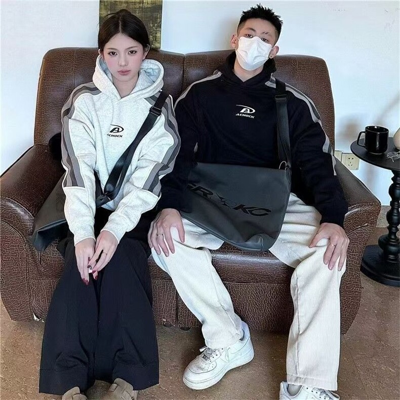 插肩袖情侣装连帽卫衣男女2025秋冬新款加绒加厚宽松休闲拼接上衣,男装卫衣,星座1210-1