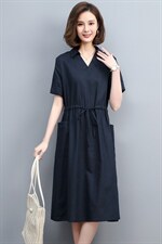 夏季棉麻中长连衣裙V领宽松显瘦系带真口袋咖啡中年妈妈大码裙子图片