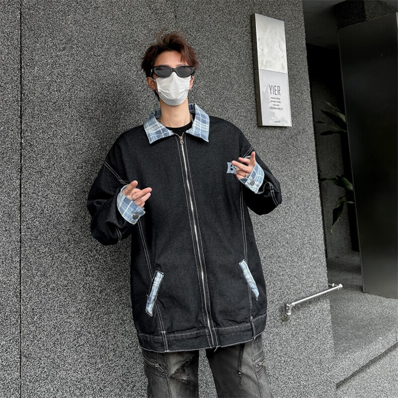 潮牌格子撞色翻领牛仔外套男女同款春秋季情侣夹克上衣JK03365,男装夹克,星座308B-1