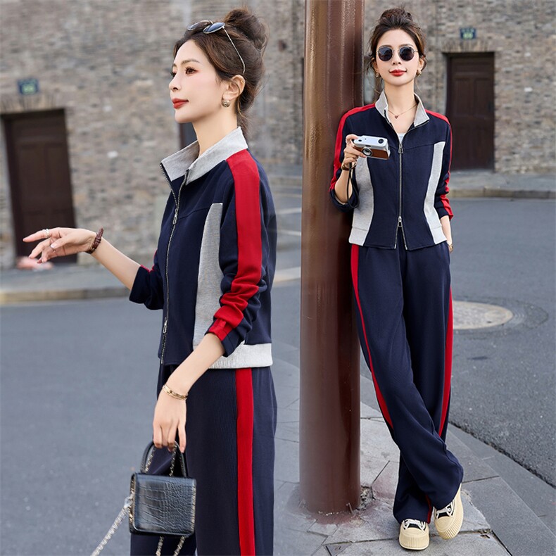 运动套装女春秋2025新款时尚显瘦开衫拼色休闲服立领卫衣两件套棉,女装套装/套裙,凝聚力
