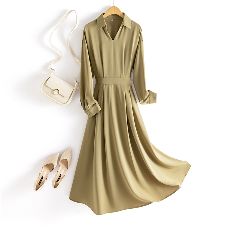 《主打款》翻领V心高腰松紧长袖气质修身连衣裙现货，女装连衣裙，海爱依仁