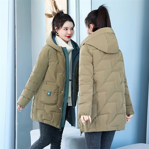 加厚羽绒棉服女中长款冬季2024新款宽松休闲连帽女士时尚棉袄外套,女装棉衣/棉服,牡丹诺