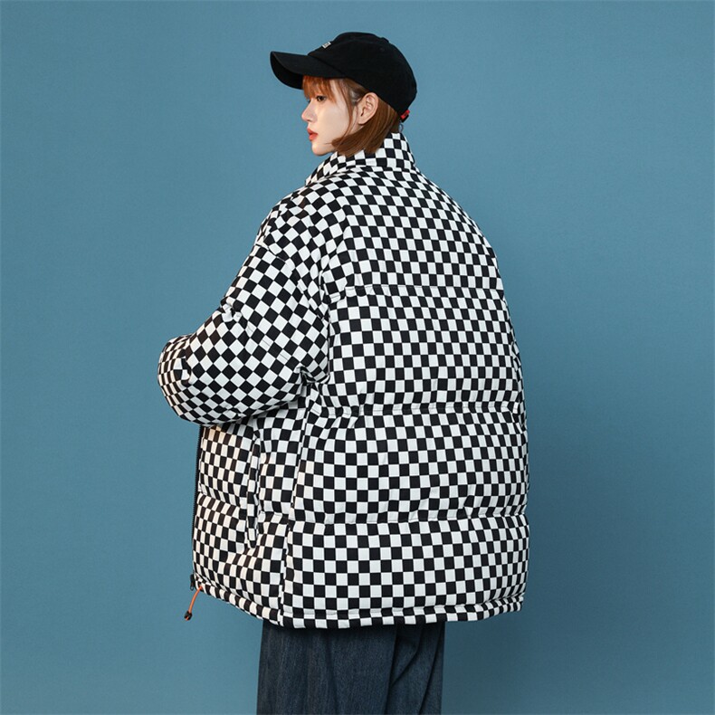 美式高街棋盘格子立领面包服男女情侣装棉服外套班服M0758-P98,男装棉衣,星座308B-1