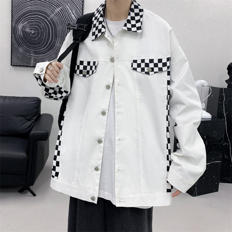 棋盘格拼接夹克男装春秋新款时尚外套潮流百搭宽松上衣JK101-P75,男装夹克,四季星座505