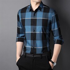 2022男士新款衬衣春秋季长袖格子翻领上衣中年商务休闲男装衬衫，男装衬衫，电商B212（原钱塘6029）
