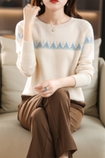 时尚女士羊毛衫提花插肩袖设计羊毛保暖舒适优雅百搭，女装羊毛衫，鑫源羊绒