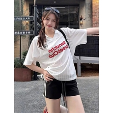 网图有货美式复古条纹字母印花冰感短袖速干休闲T恤男女A705-P38，男装T恤，星座1505