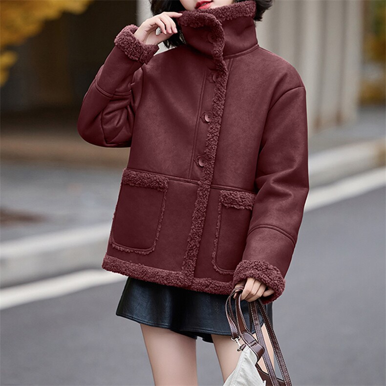 皮毛一体羊羔毛外套女短款2024新款秋冬季加绒机车服加厚皮夹克,女装羊羔毛/颗粒绒,美拉德工厂直营店