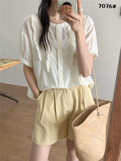 2025年夏季短袖圆领落肩袖修身型兰精天丝木耳朵重工小衫，女装衬衫，洛丽兰可