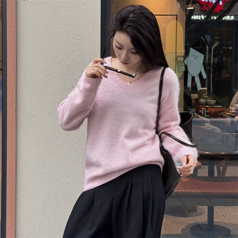 V领宽松型纯色厚款套头拉绒羊毛衫高支进口羊毛不掉毛不起球加厚,女装羊毛衫,优麦羊绒（原洪叶羊绒）