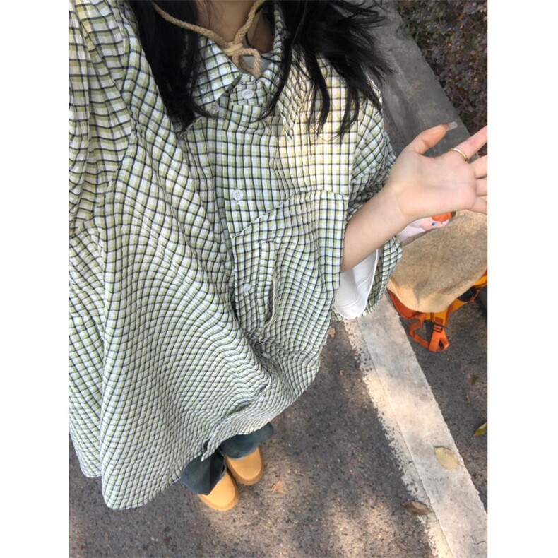 【有货】绿色小方格子衬衫设计感高级感短袖衬衣情侣C120LL-特P45,男装衬衫,星座1007（原301D）