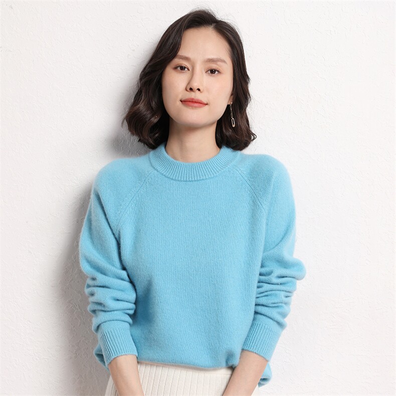 时尚潮流35%山羊绒(羊绒)长袖圆领加厚气质百搭羊绒衫,女装羊绒衫,艾米娇羊绒