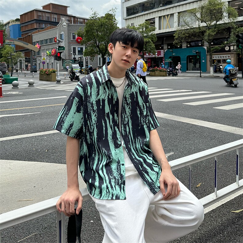 CS506～批35控49有货（自家图）黑白水墨花痞帅衬衫男生短袖夏季,男装衬衫,星座218-5
