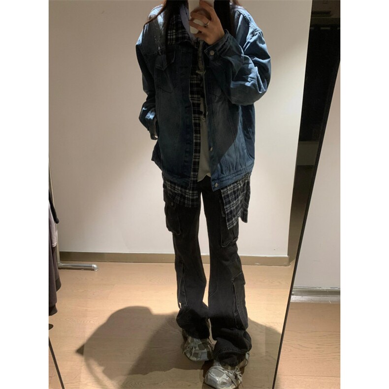 【有货】假两件牛仔外套男春秋格子衬衫拼接工装夹克JK8624LL-P85图片