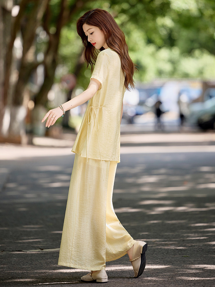 简约百搭新中式套装女2026夏季新款洋气减龄盘扣上衣阔腿裤两件套,女装套装/套裙,水衣源