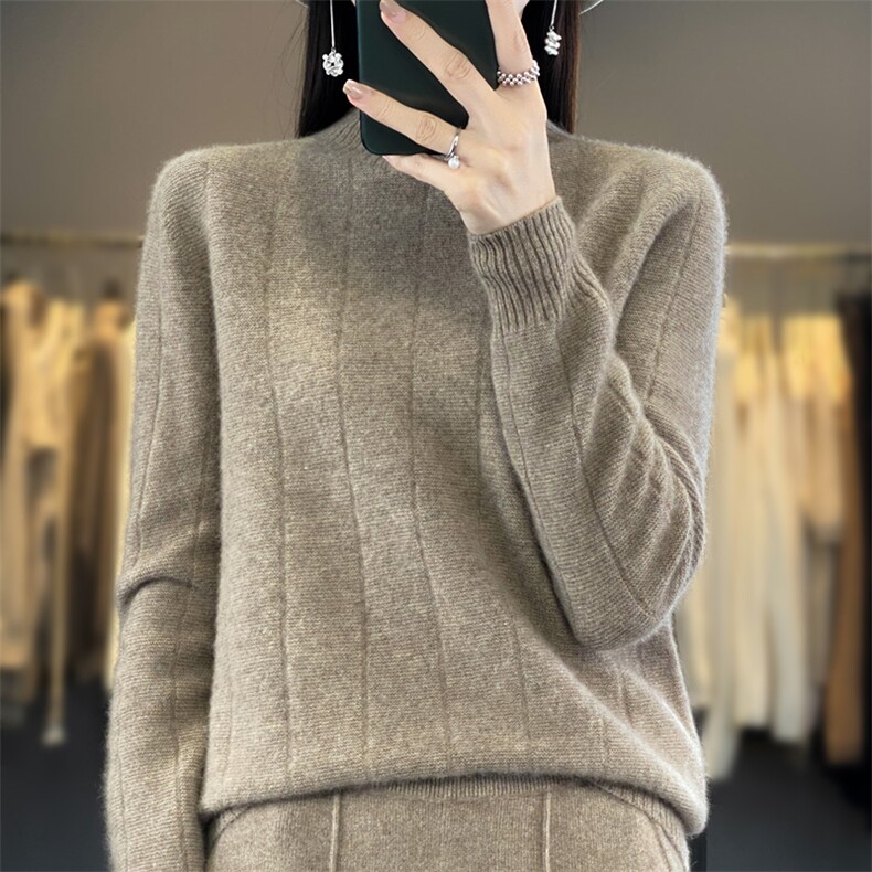 竖条半高长袖纯色2024年秋季套头简约羊毛衫,女装羊毛衫,羿纯羊绒