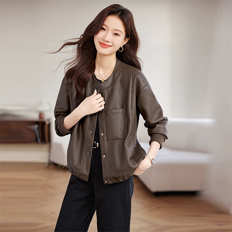 口袋短款翻领黑色绵机车皮衣春秋短外套皮夹克显瘦时尚休闲百搭，女装皮衣，希欧阁