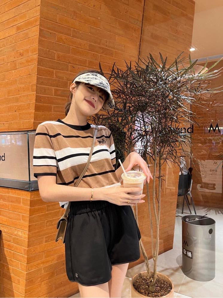 女装短袖T恤女圆领针织衫马车提花刺绣条纹,针织衫/毛衣,沐策羊绒