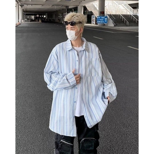 竖条纹长袖衬衫男春秋季美式复古休闲百搭翻领衬衣外套C152-P40图片