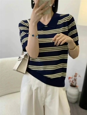 莱赛尔高级感条纹POLO领针织衫女夏季新款气质慵懒风短袖T恤上衣，女装T恤，唐诺