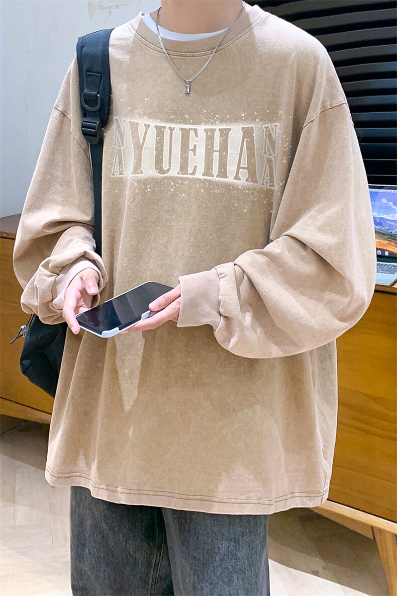 抖音供货、秋季现货水洗棉宽松版重磅长袖T恤D223A-ST235-特P38,男装T恤,电商019-1