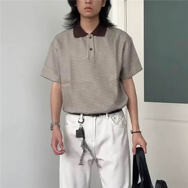 极速2025经典千鸟格撞色短袖polo衫复古格纹宽松翻领半袖T恤男,男装T恤,星座506A