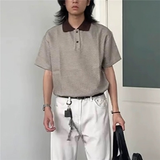 极速2025经典千鸟格撞色短袖polo衫复古格纹宽松翻领半袖T恤男，男装T恤，星座506A