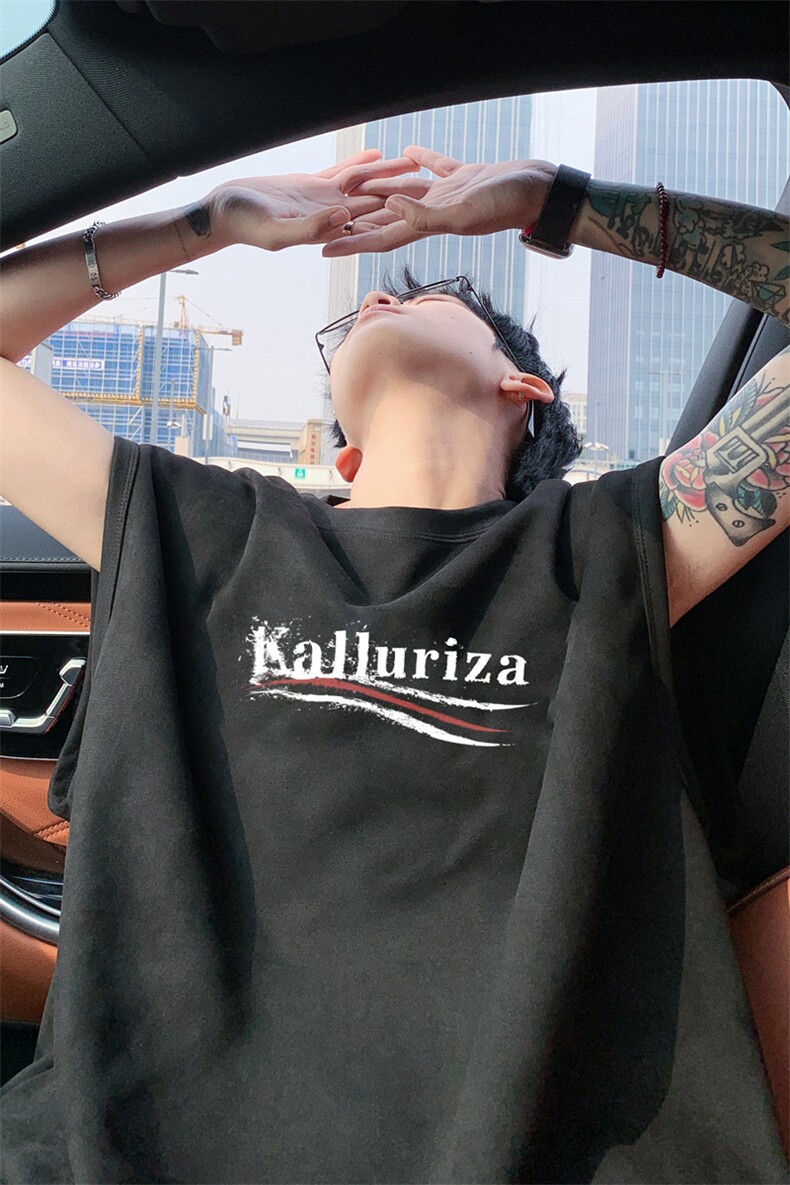 ！2025夏季新款男士印花麂皮绒无袖T恤百搭背心TLBX10特P18,男装T恤,电商B220
