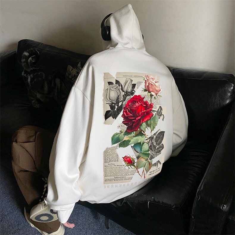 纯棉连帽卫衣宽松套头美式外套玫瑰印花帽衫JK23390特35-控58,女装短外套,星座605(原A050)