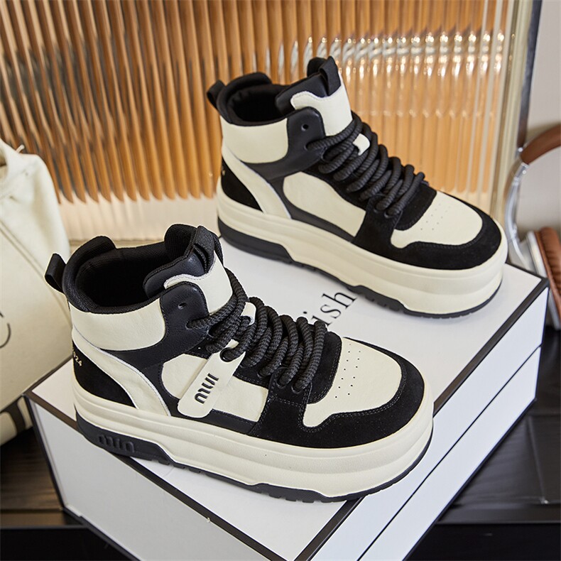 真皮高帮板鞋女2025春季新款厚底女鞋增高小白鞋女百搭休闲单鞋女，女鞋休闲鞋，电商A223