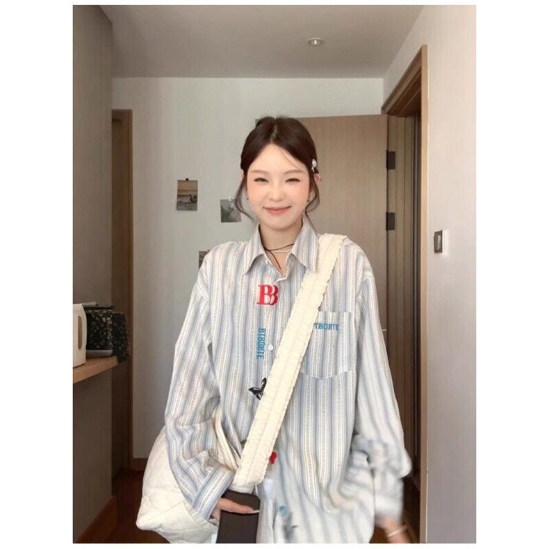 2025新款女刺绣长袖条纹衬衫白色,男装衬衫,星座506A