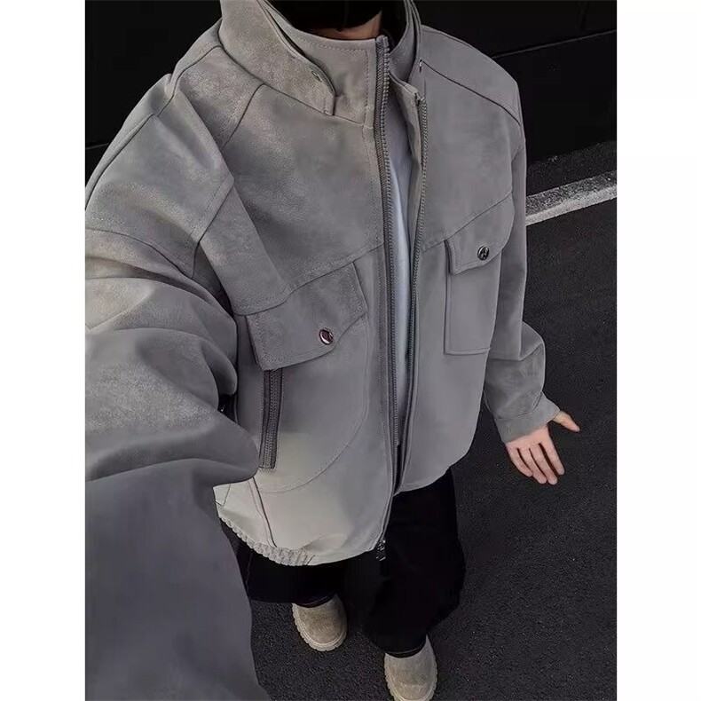 飞行夹克外套男春秋款高级感痞帅潮牌立领美式工装pu皮衣JKF219,男装皮衣,星座516A